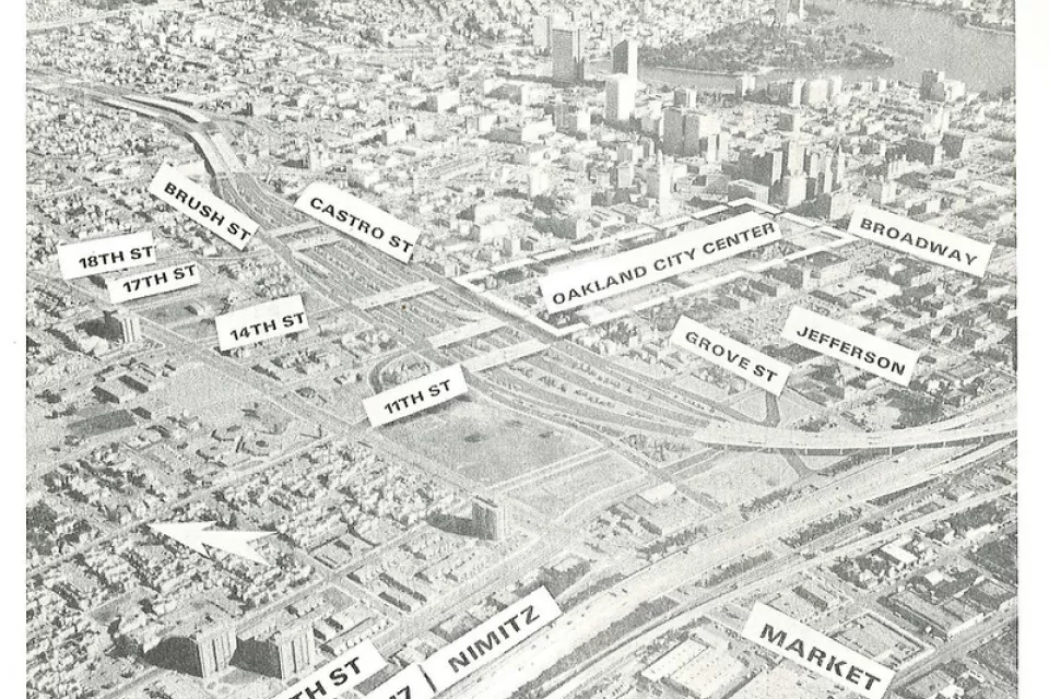 A historic image of the various highways and transportation modes planned around the create of Interstate 980 in Oakland, California.